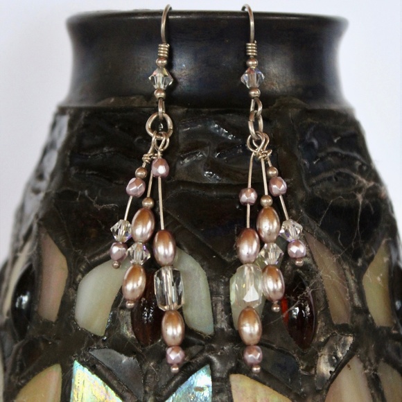New Triple Champagne and Cut Crystal Beaded Drop Earrings - Picture 1 of 1
